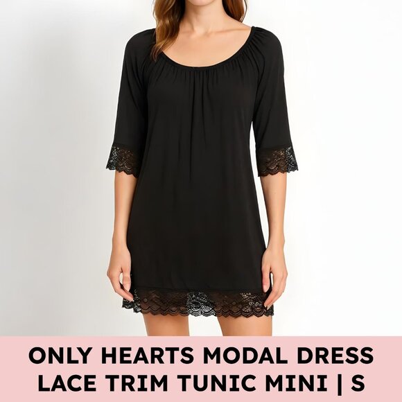 Only Hearts Black Modal Lace Trim Tunic Dress Mini Boho Romanticcore Size S - Picture 1 of 12